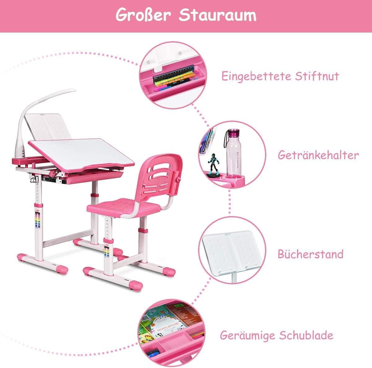 COSTWAY Kinderschreibtisch höhenverstellbar, Schülerschreibtisch mit Lampe, Kindermöbel neigungsverstellbar, Kindertisch mit Stuhl, Schreibtisch mit Schublade, Farbewahl (Hellrosa)