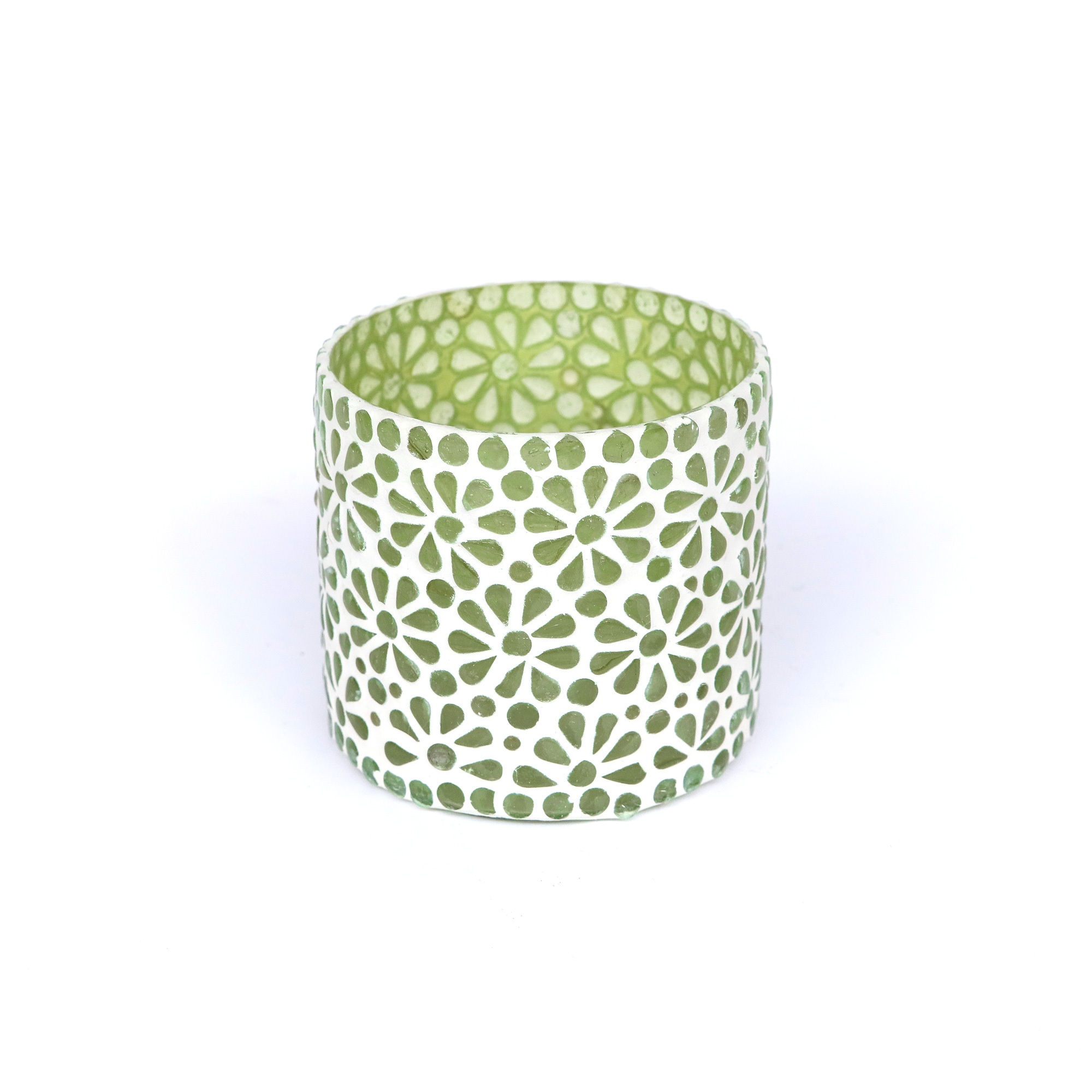 Windlicht 'Blumen-Mosaik', weiß-grün, Ø 10 cm, H 10 cm von fischer's lagerhaus