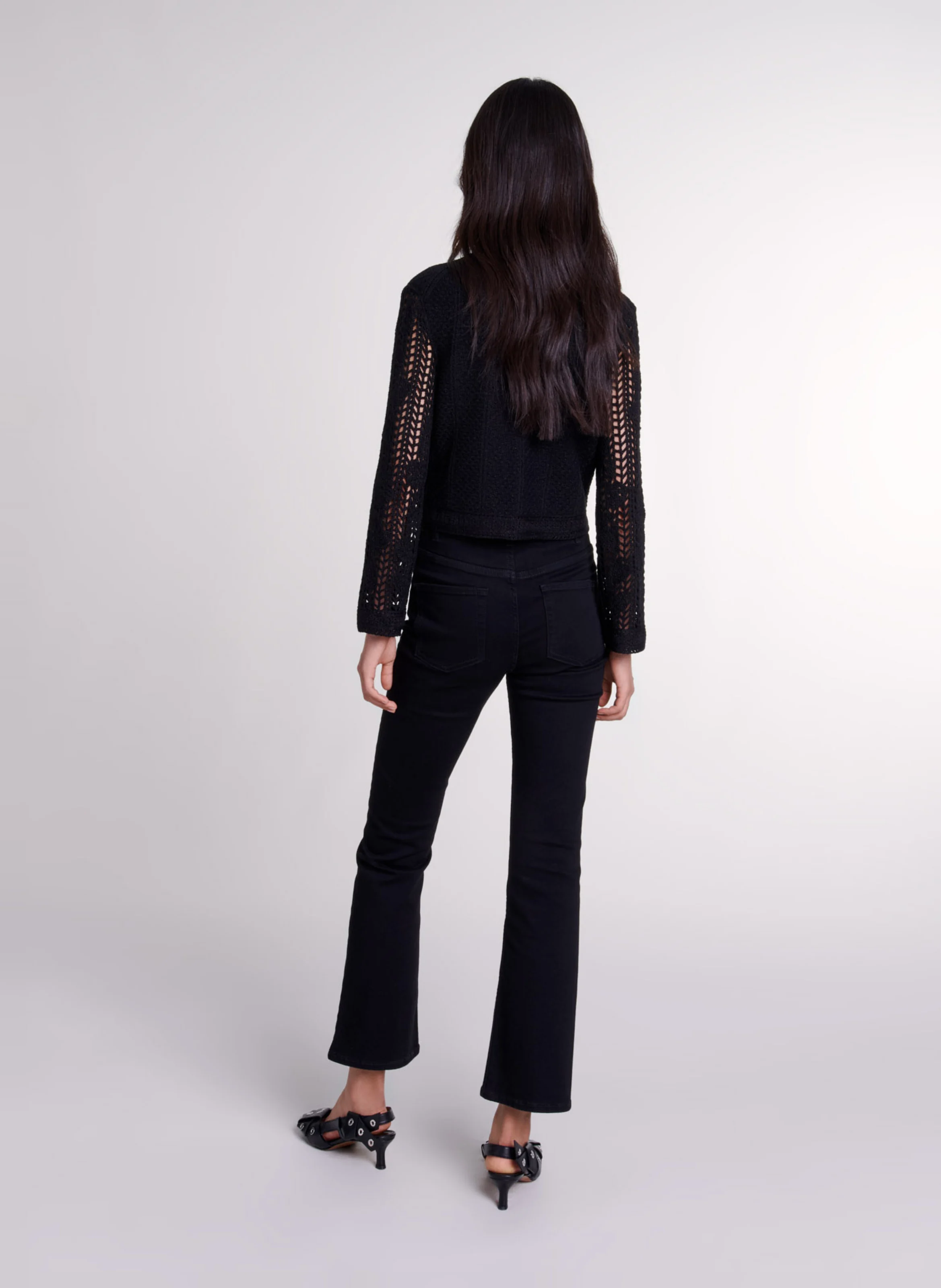 Cardigan droit col rond en crochet | Noir