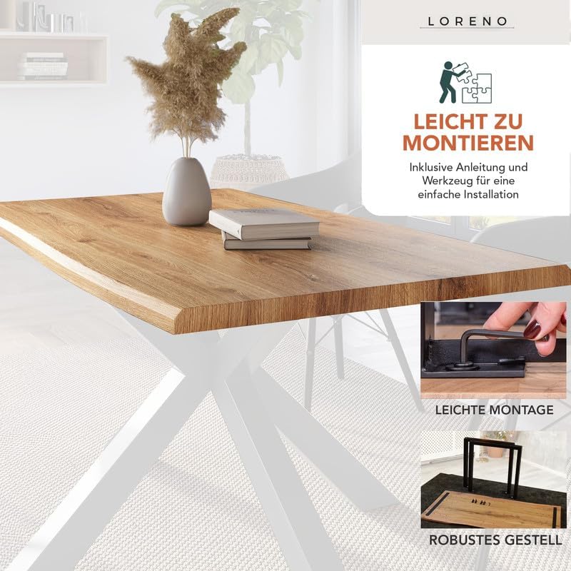 Loreno Esstisch - 200 cm x 100 cm – 4 cm MDF Tischplatte, Wildeiche-Optik – U-Gestell – Schwarz - Perfekt für Esszimmer und Küche