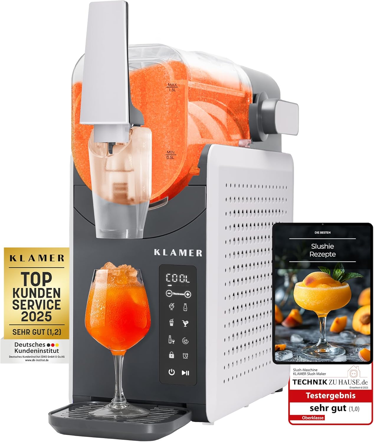 KLAMER Slush Maschine, mit 5 voreingestellten Programmen: Slushie, Cocktail, Milchshake, Frappé, Wein, Automatische Reinigung, 2L Fassungsvolumen, Turbo Freeze, kein Eis erforderlich