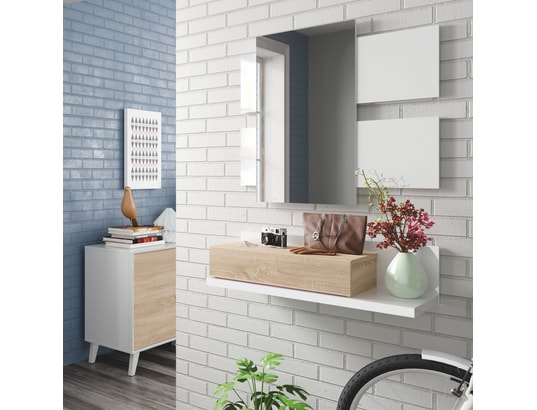 VS VENTA-STOCK - Meuble d'entrée telma avec 1 tiroir et miroir blanc/chêne, ...
