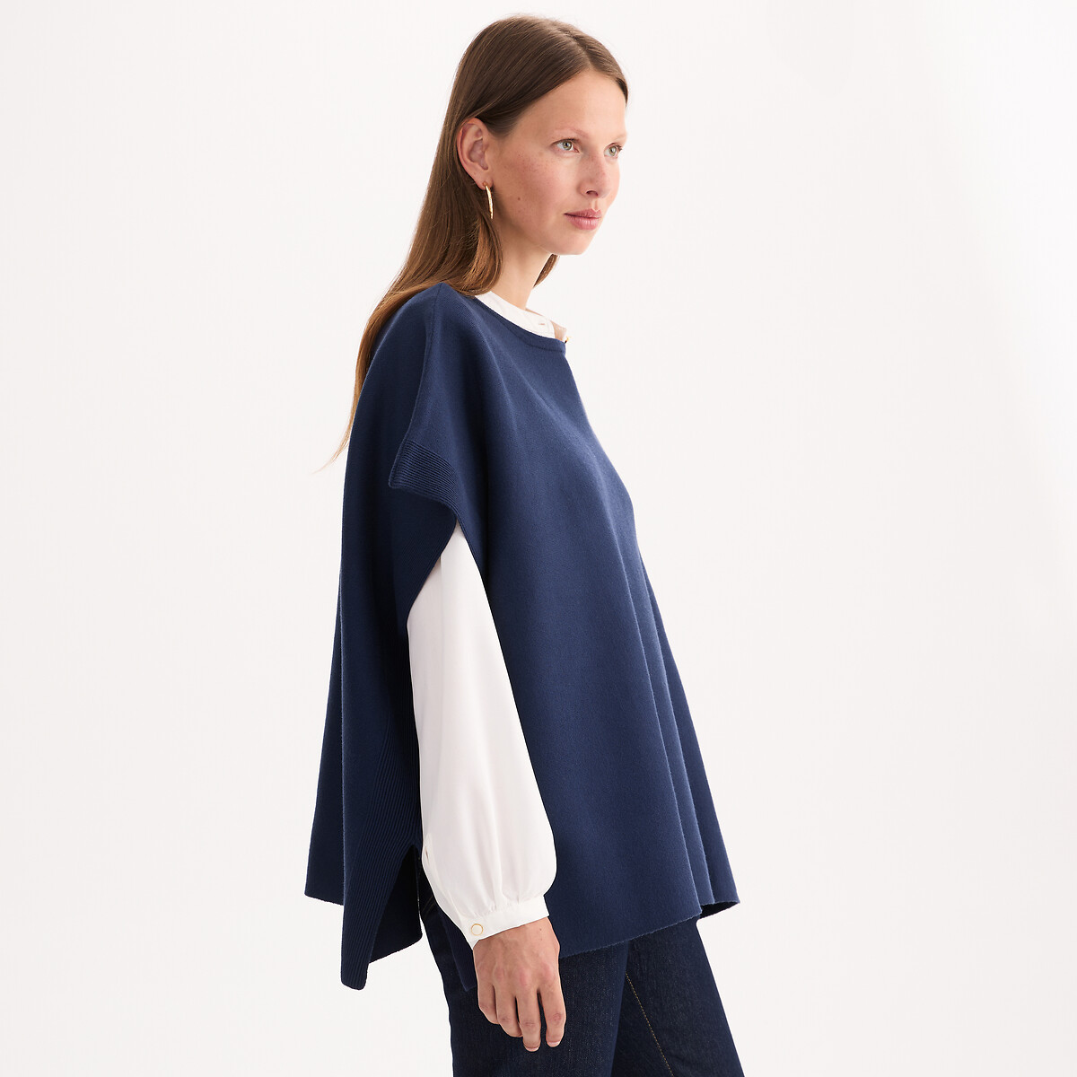 ANNE WEYBURN<br>Poncho de gola redonda em malha Milano