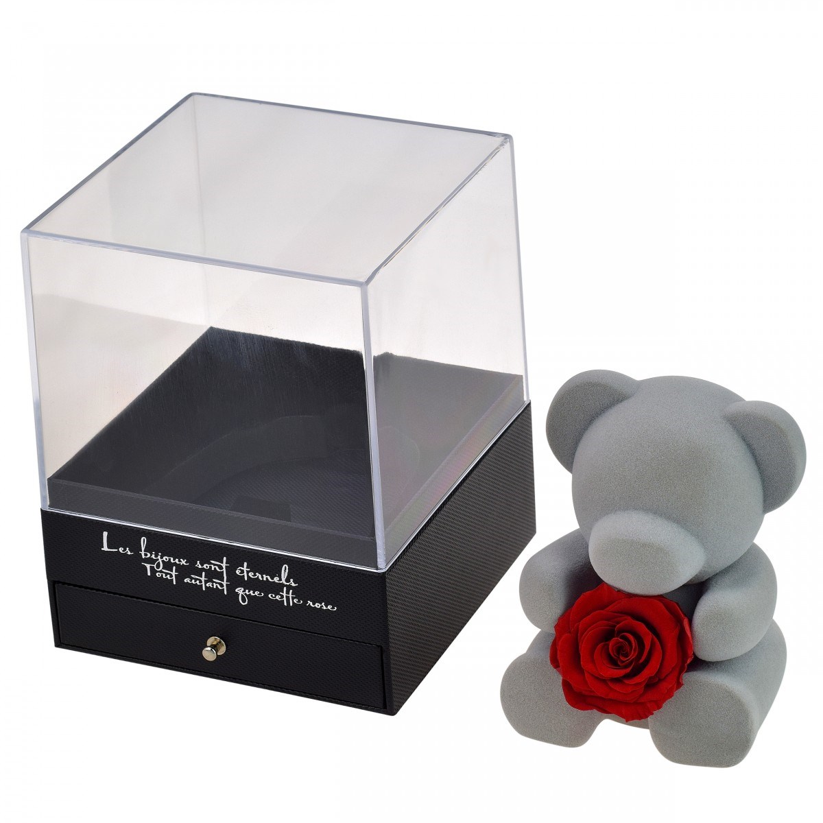 Coffret à bijoux ourson et rose éternelle rouge