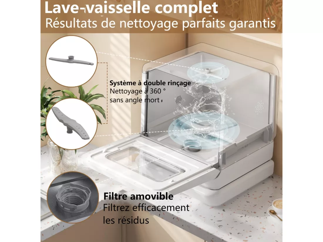 Mini lave-vaisselle portable 44cm - 3 couverts - 55db - 5 modes de nettoyage - lavage à 360° - avec ventile automatique