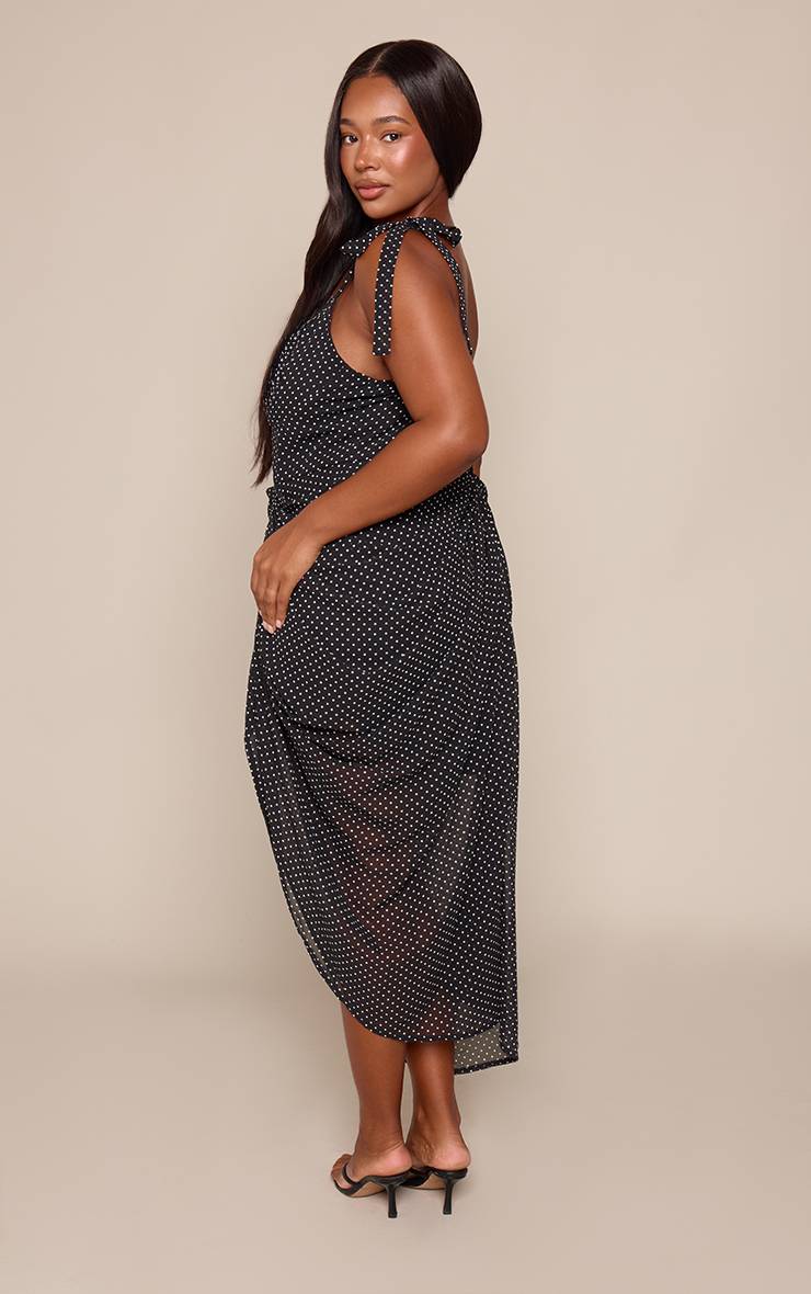 Noir Robe Midi Grande Taille À Pois Avec Détail Armature Et Drapé