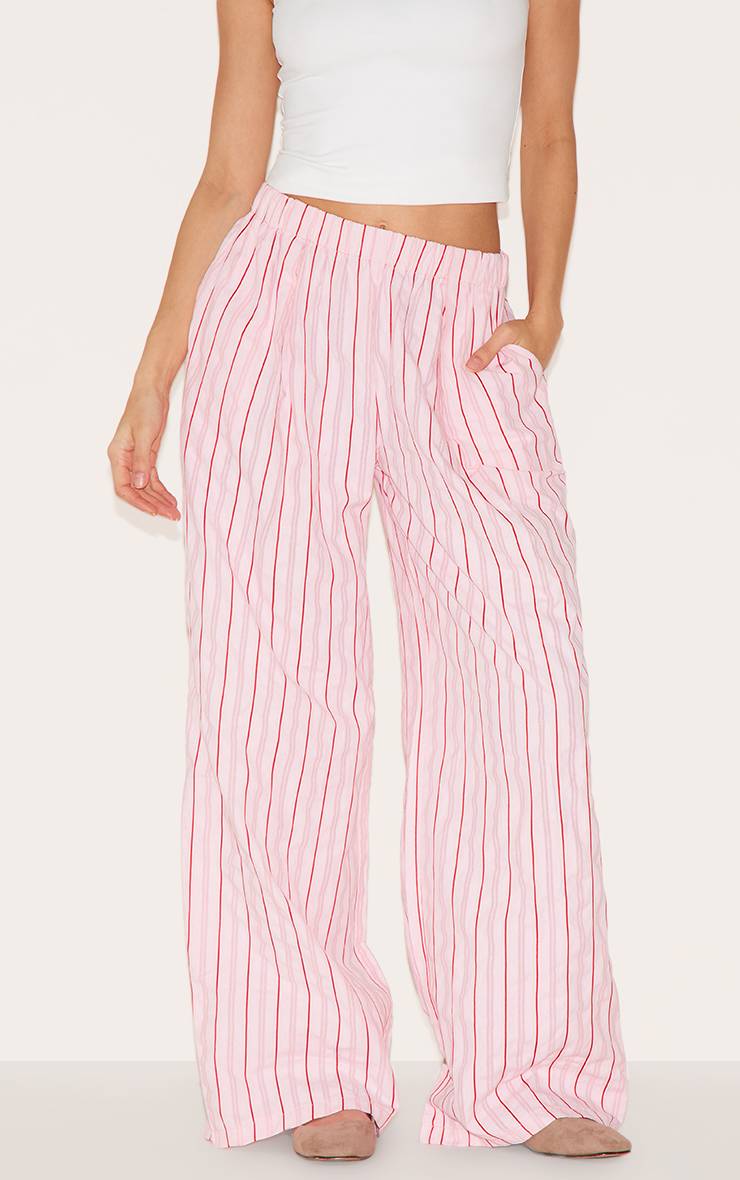 Rose Pantalon Large À Taille Élastique À Fines Rayures