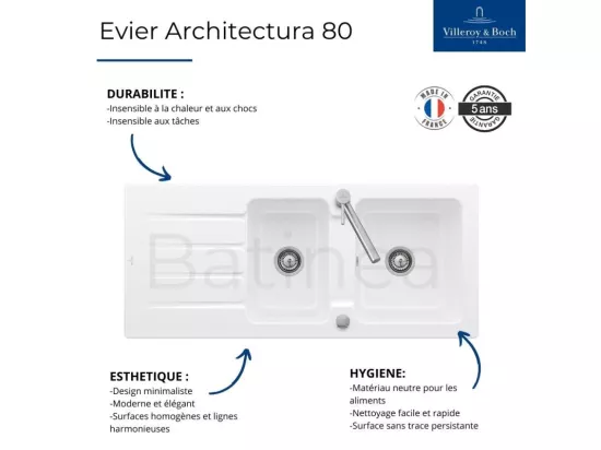 Evier 116 x 51 cm VILLEROY ET BOCH Architectura 8 Blanc + Robinet cuisine GROHE Bauloop