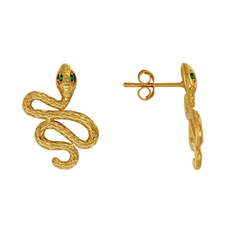Boucles d'Oreilles Plaqué Or Serpent aux Yeux Verts