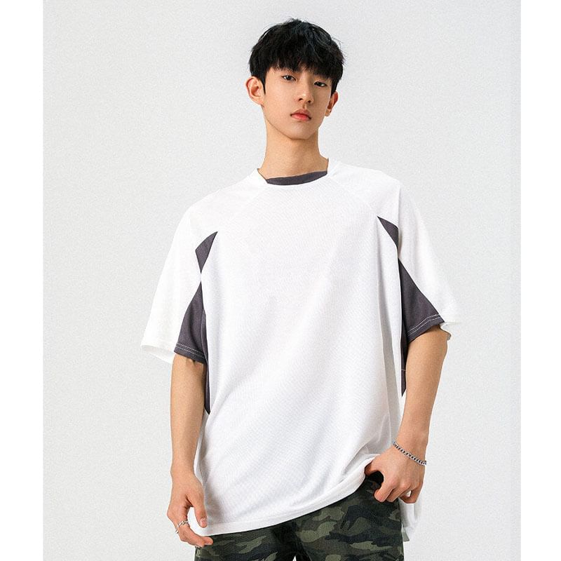 Derbundy - T-shirt met korte mouwen en vierkante hals en tweekleurige panelen