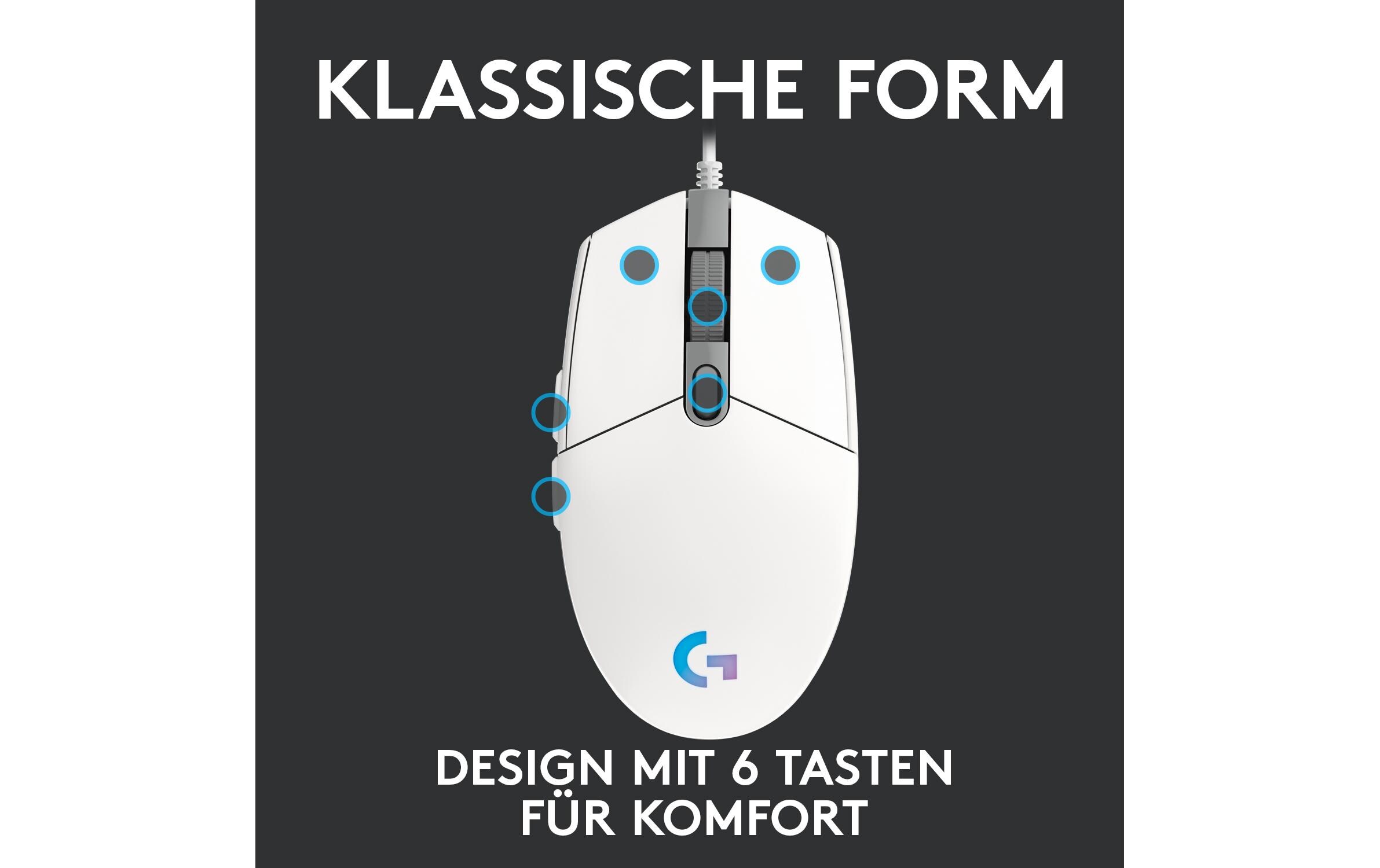 Gaming-Maus G203 Lightsync WeissReaktionsschnelle und leichte USB-Gamingmaus