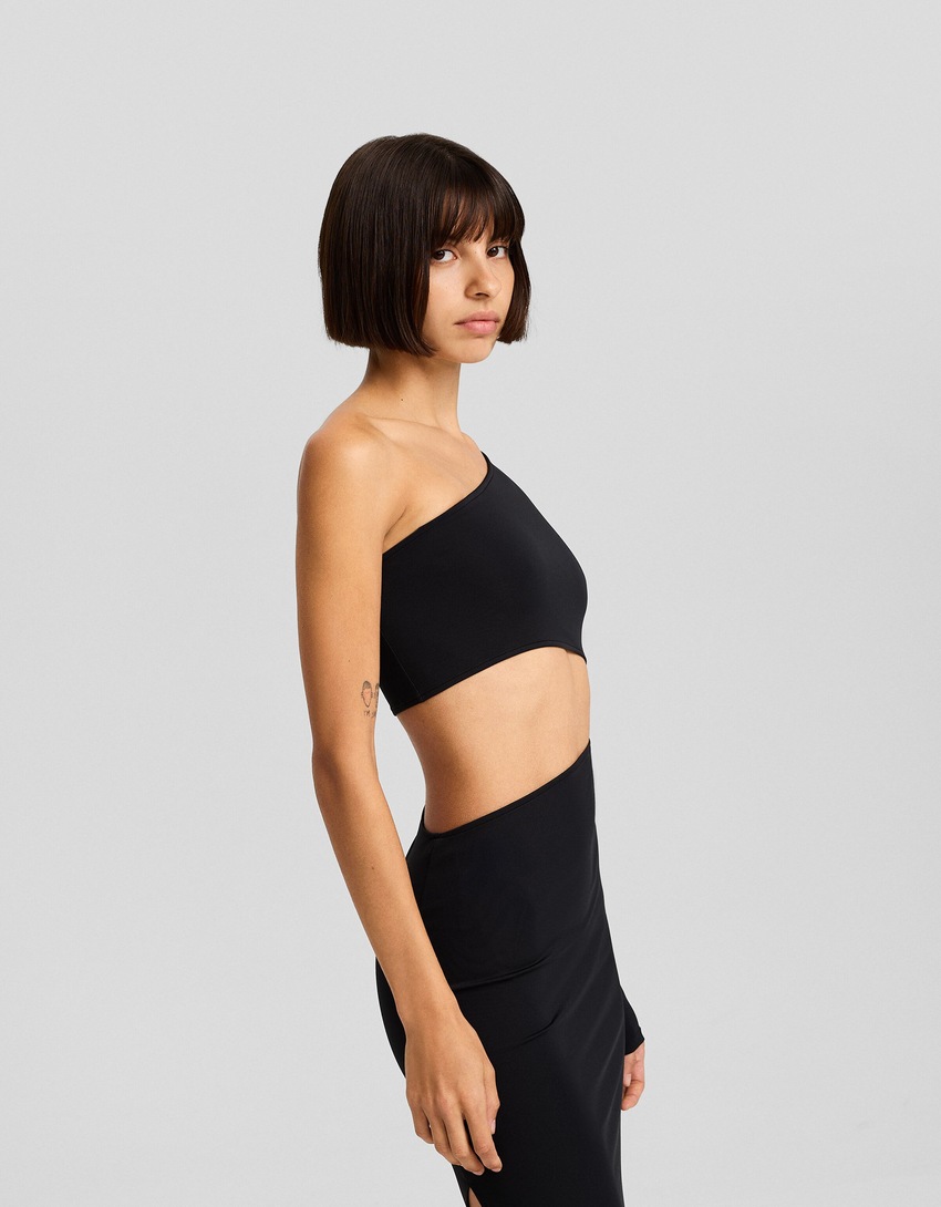 Vestido midi assimétrico de manga comprida com detalhe lateral