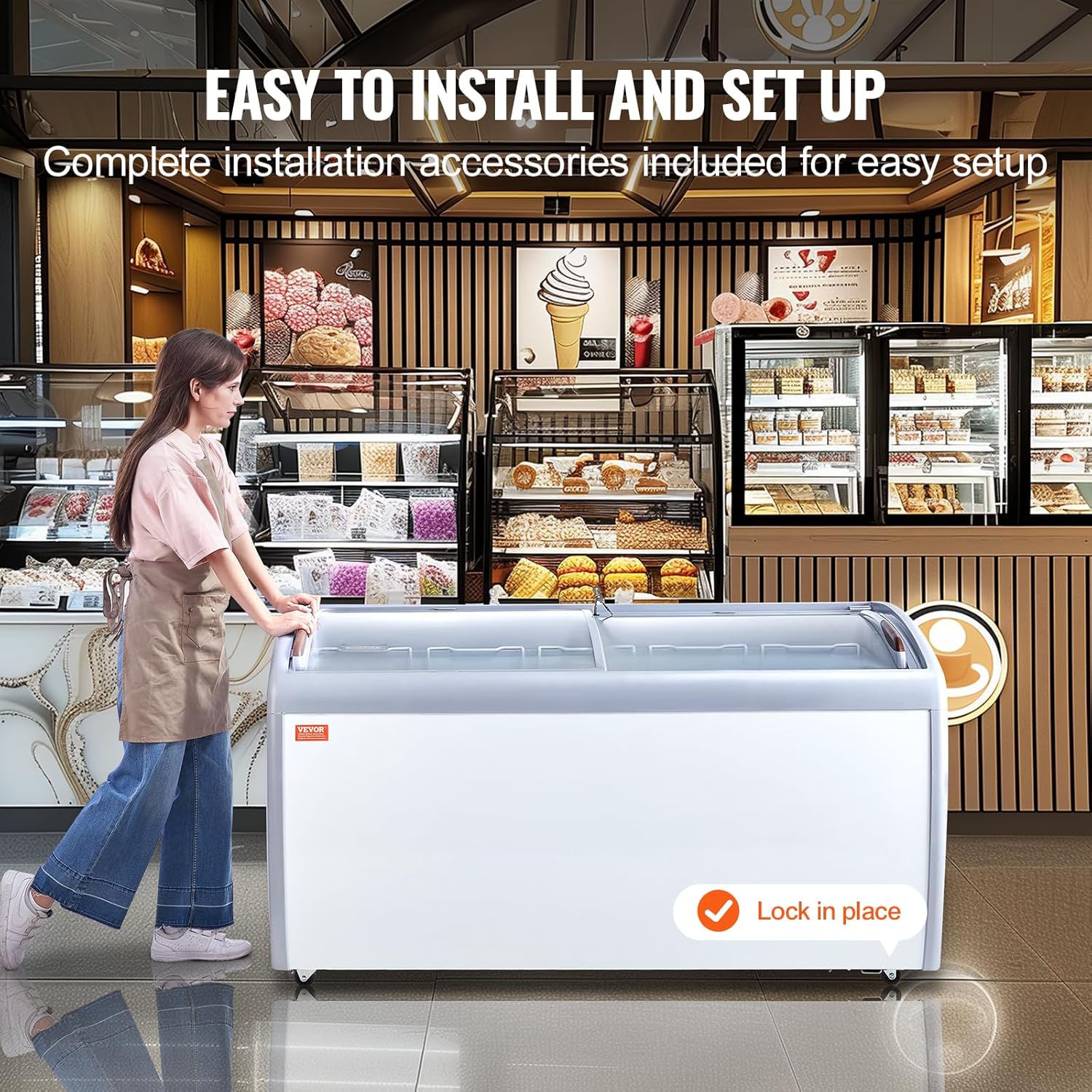 VEVOR Vitrine Réfrigérée à Crème Glacée Commerciale, Comptoir à Glace 460 L, Congélateur Mobile avec Dessus en Verre, 5 Paniers Métalliques, 2 Portes Coulissantes en Verre, Roulettes Verrouillables