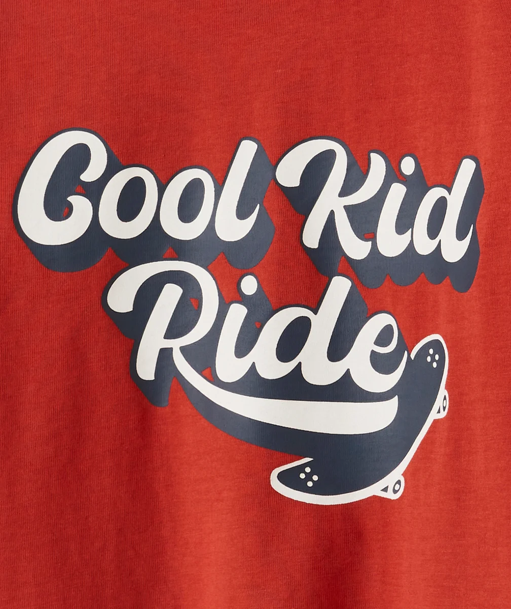 T-SHIRT GARÇON ROUGE EN COTON BIO AVEC MESSAGE ET SKATE