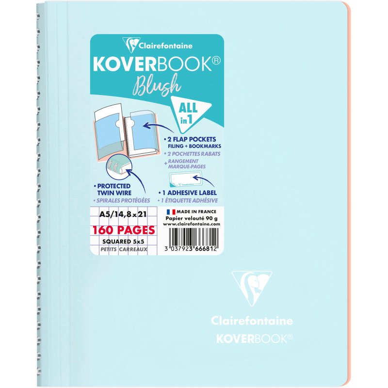 Cahier spirale Clairefontaine Koverbook Blush A5 14,8 x 21 cm petits carreaux 160 pages