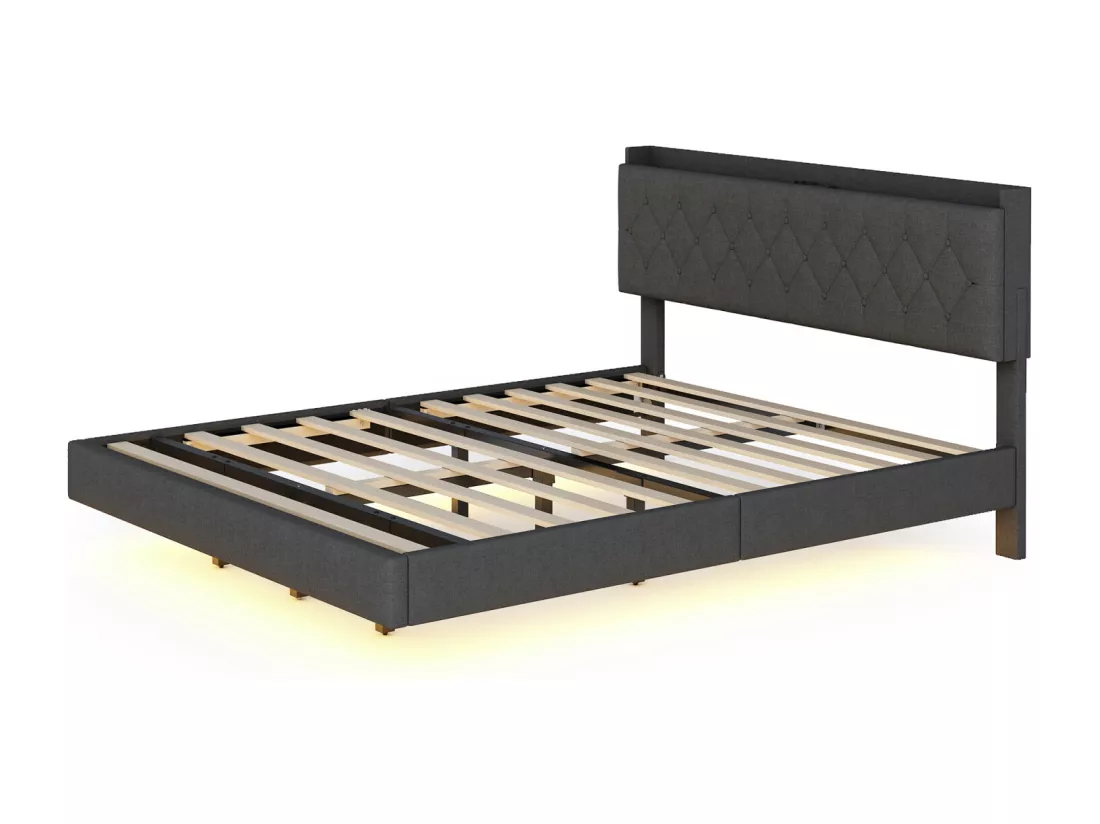 Lit double LED suspendu 160x200cm, en tissu de lin, avec sommier à lattes et tête de lit avec port de chargement USB, gris