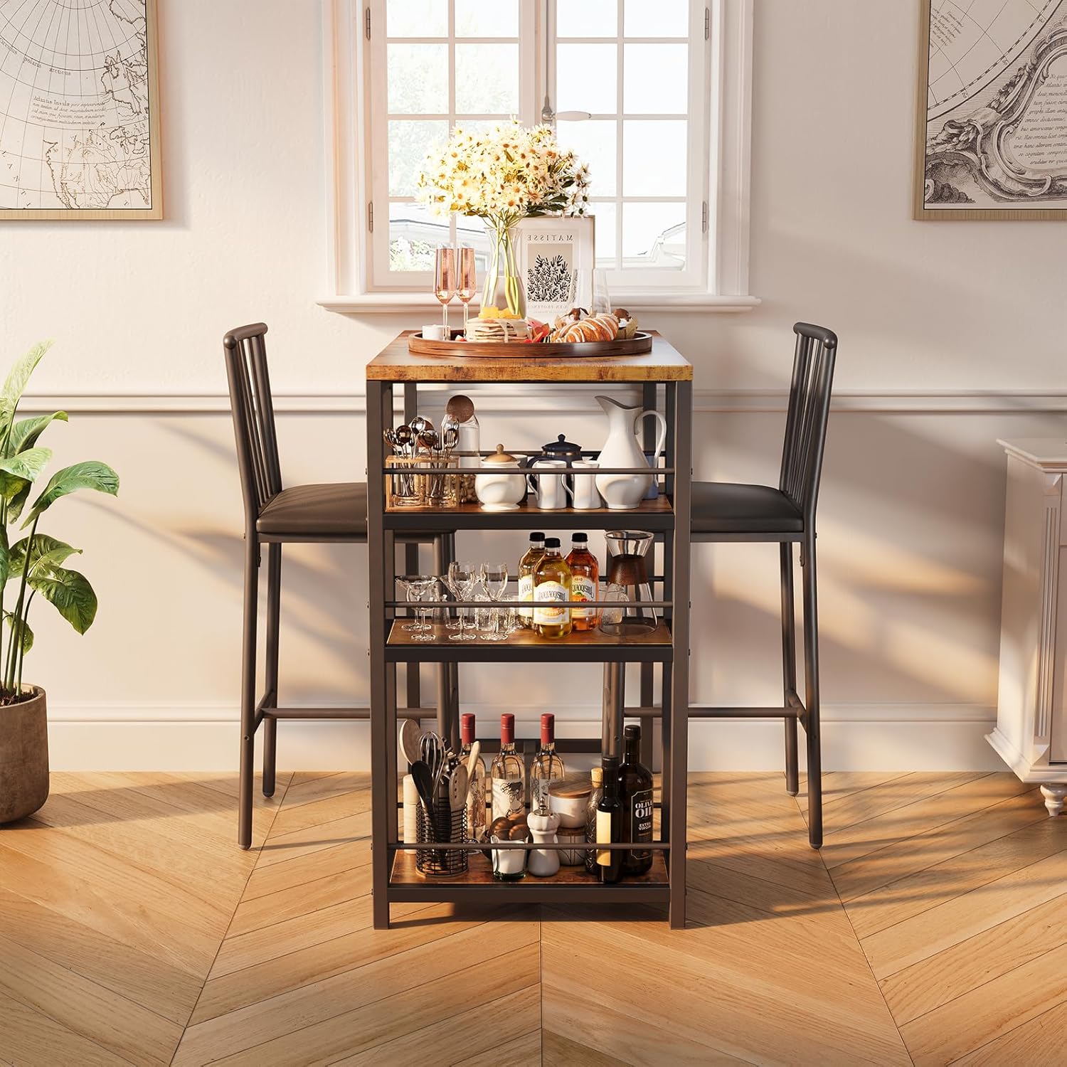 Xbro Bartisch Set 3-teilig, Küchentisch mit Stühlen für Küche, Esszimmer, Bistro, etc. Esstisch und 2 Stühle mit Rückenlehne und Polsterung(Braun)