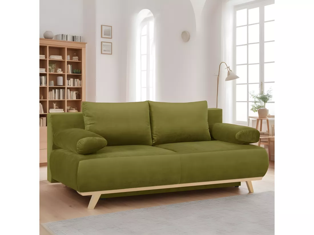 Canapé convertible 3 places avec coffre de rangement en velours vert olive - Laria