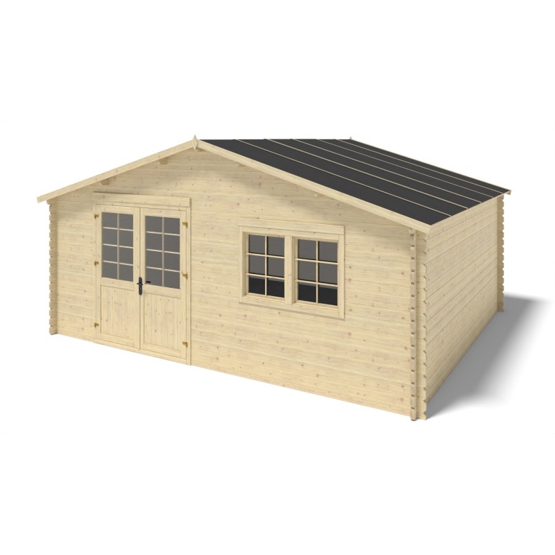 Abri de jardin en bois - 6x5 m - 42 m2 + terrasse avec balustrade et avant-toit en bois