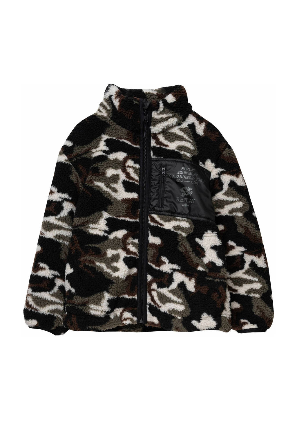 REPLAY teddy tussenjas met camouflageprint groen/bruin/ecru
