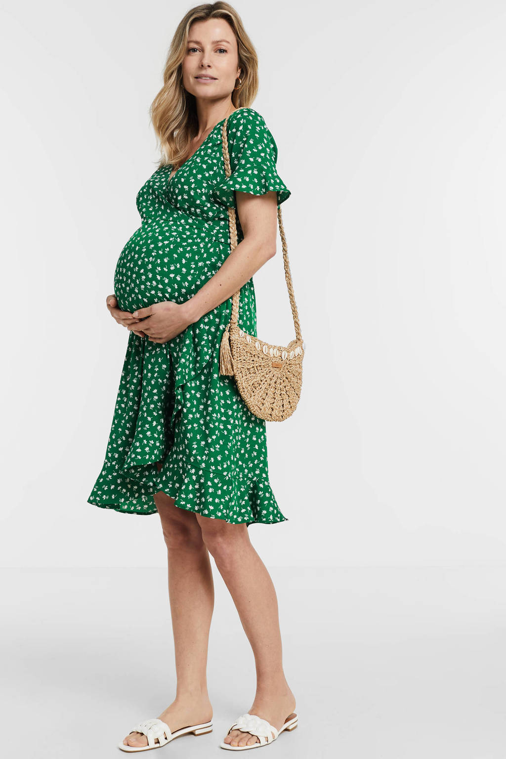 ONLY MATERNITY gebloemde zwangerschaps- en voedingsjurk OLMOLIVIA groen