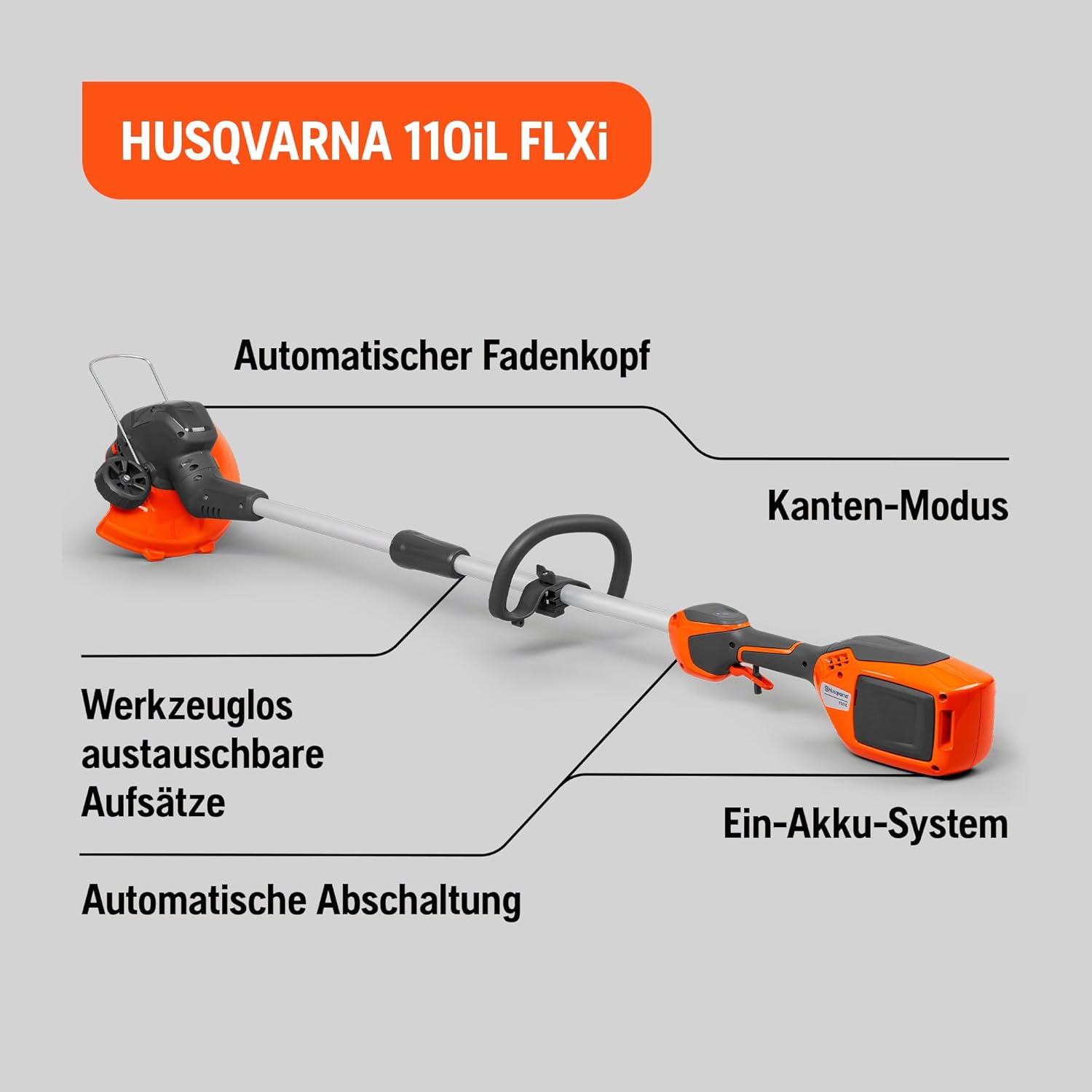 Husqvarna 110iL 36V Akku-Rasentrimmer (ohne Akku und Ladegerät) – Leichtes, leises, vielseitiges Multifunktions-Werkzeug mit Kantenschneide-Modus, Pflanzenschutzbügel und Wechselaufsatz-Kompatibilität