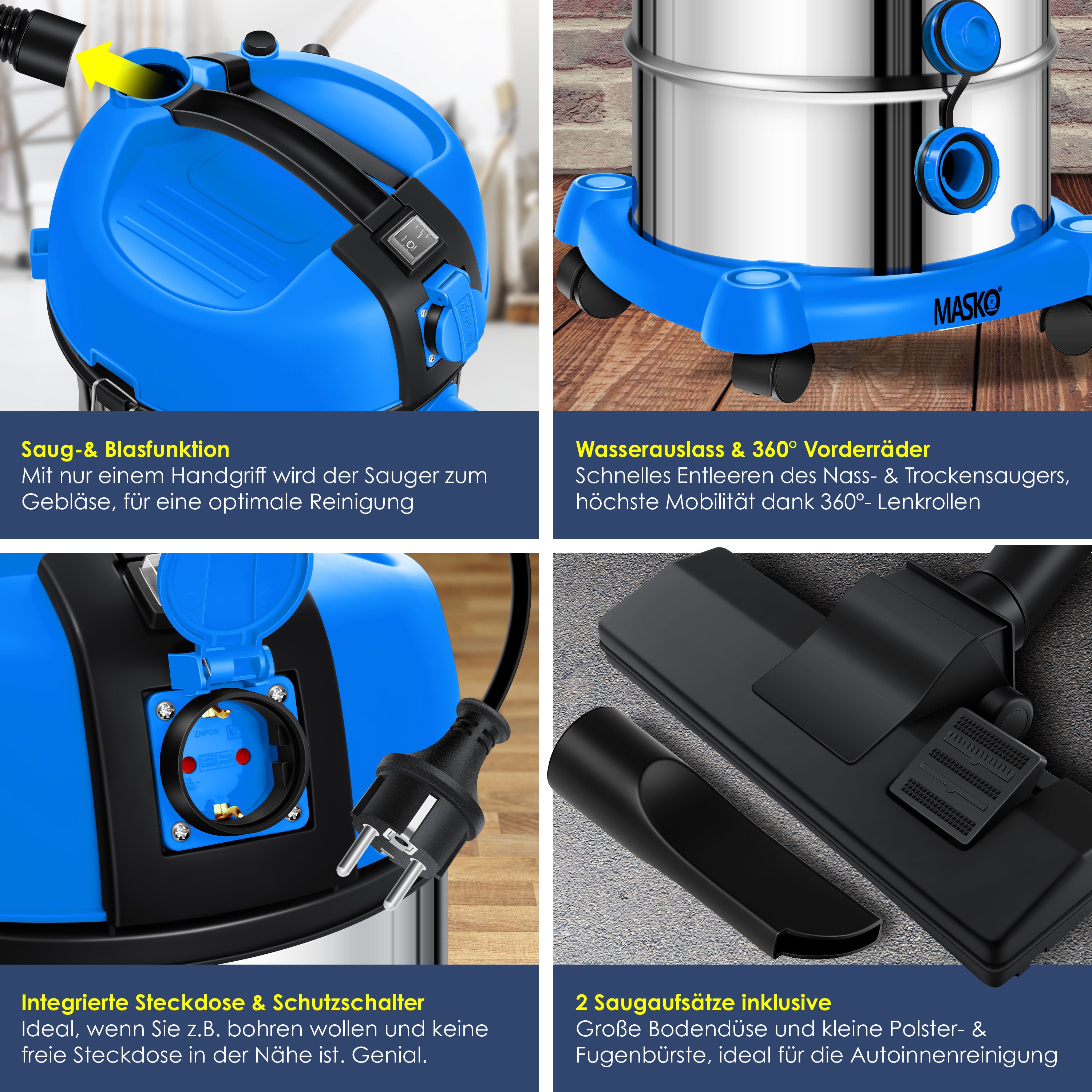 MASKO® Industriestaubsauger Staubsauger Nass Trocken Sauger Edelstahl 2300W + Steckdose | Blasfunktion | Trocken-Saugen & Nass-Saugen | Push&Clean | Industrie-Sauger mit & ohne Beutel | beutellos