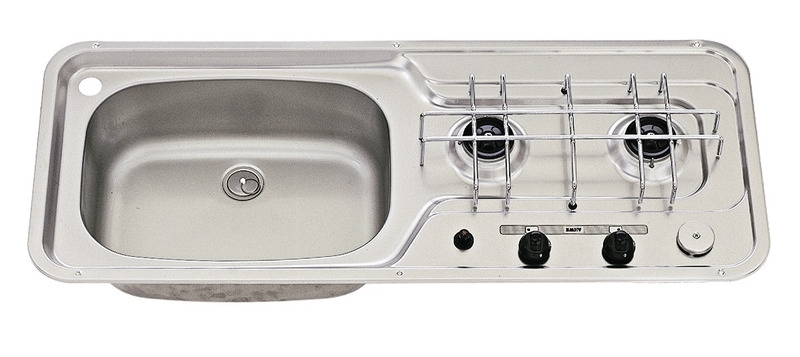 Spüle/Kocher 800x320 2-flammig Edelstahl Piezo Becken links 30mbar