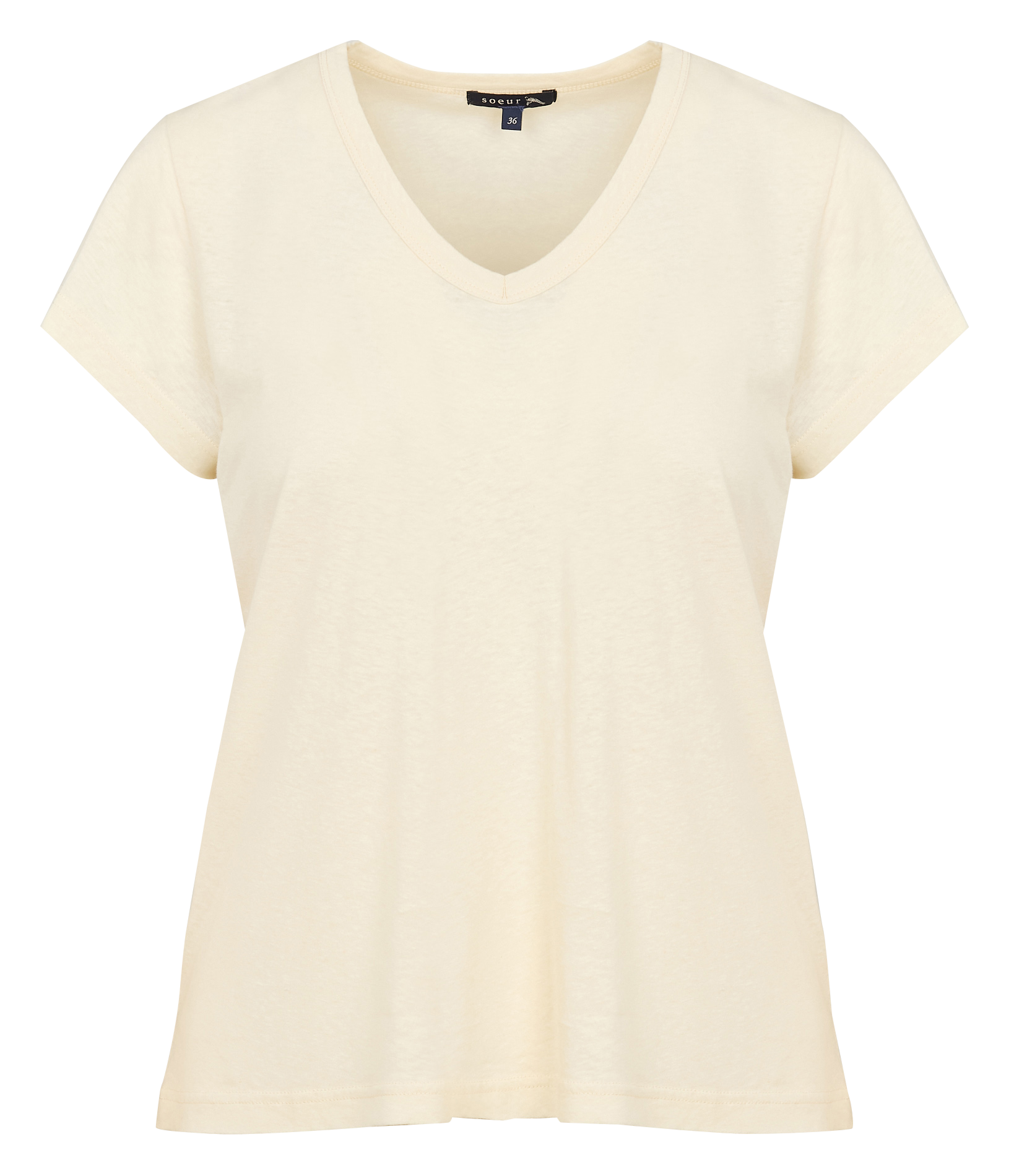 DOMINIQUE - Tee-shirt col V en coton et lin mélangé | Beige