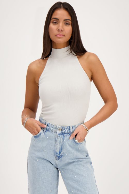 Beige halter top met rib structuur