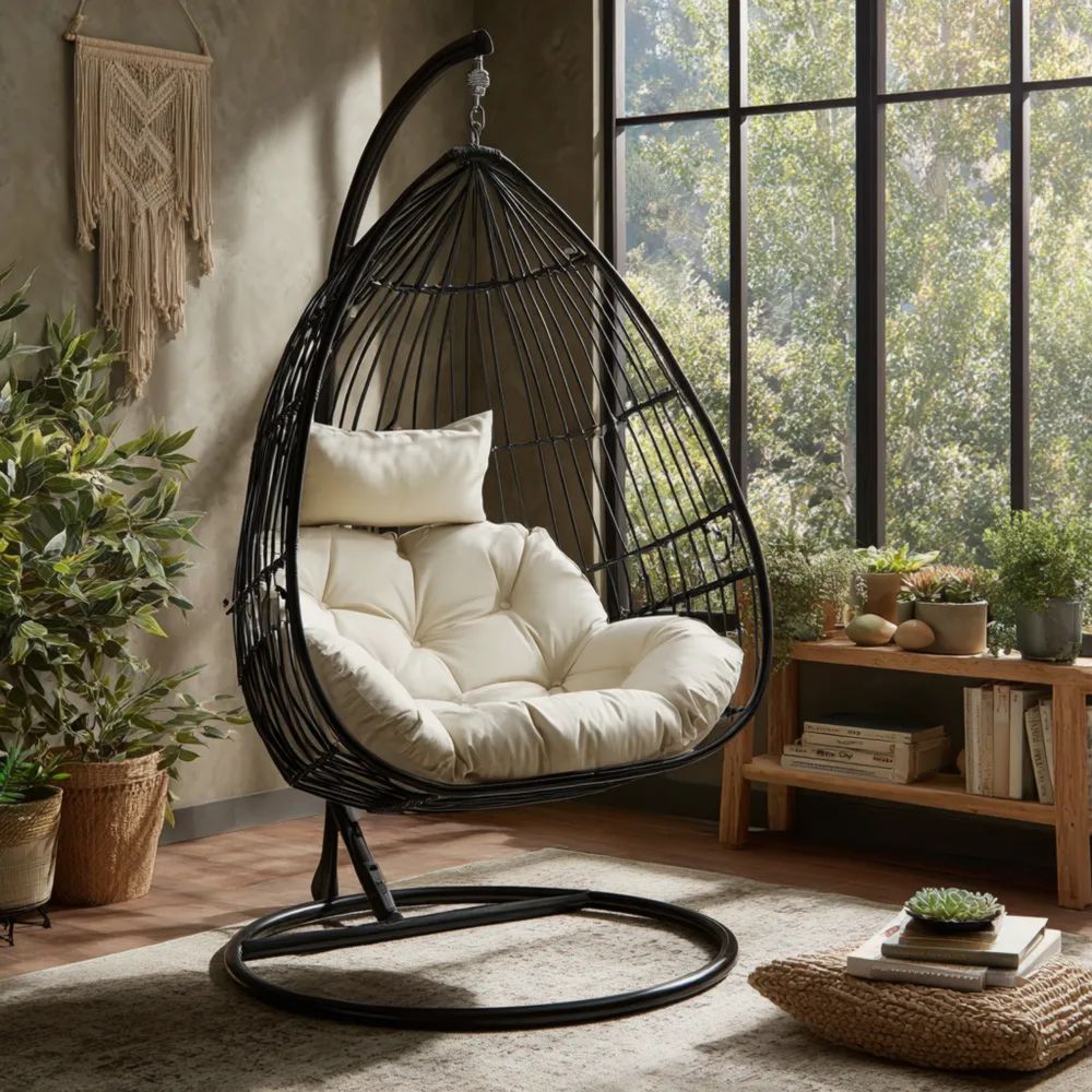 Hängesessel mit Kissen - Rattan - 105x105x200 cm - Schwarz/Cremeweiß -