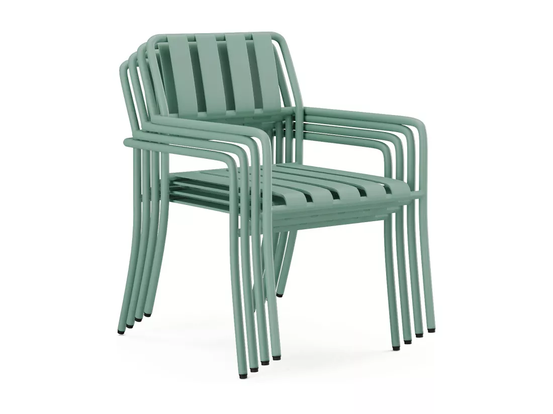 Salle à manger de jardin en métal : la table L.160 cm et 6 fauteuils - Vert amande - BIRMOS de MYLIA