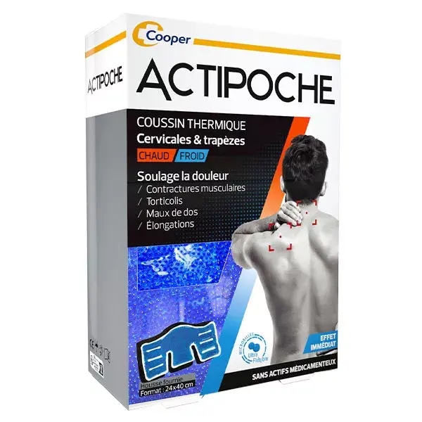 Almofada térmica Actipoche para termoterapia dos músculos cervical e trapézio com microesferas.