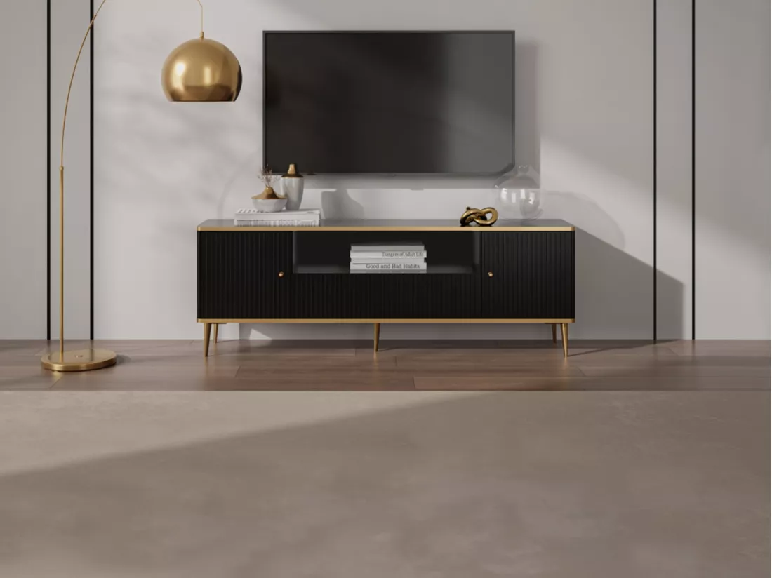 Meuble TV avec 2 portes, 1 tiroir et 1 niche en MDF et acier - Noir et doré - SINEAD de Pascal MORABITO