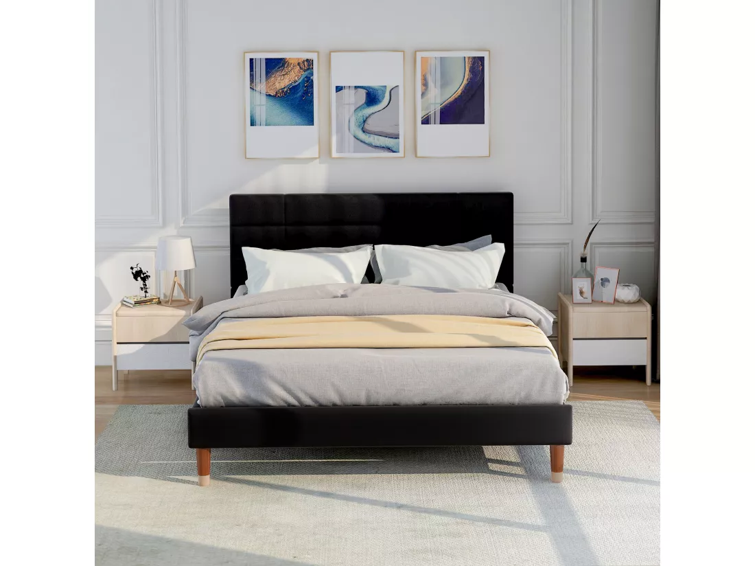 Lit Capitonné Double - 140 X 200 cm - Avec Sommier À Lattes - Tête De Lit - Velours - Noir