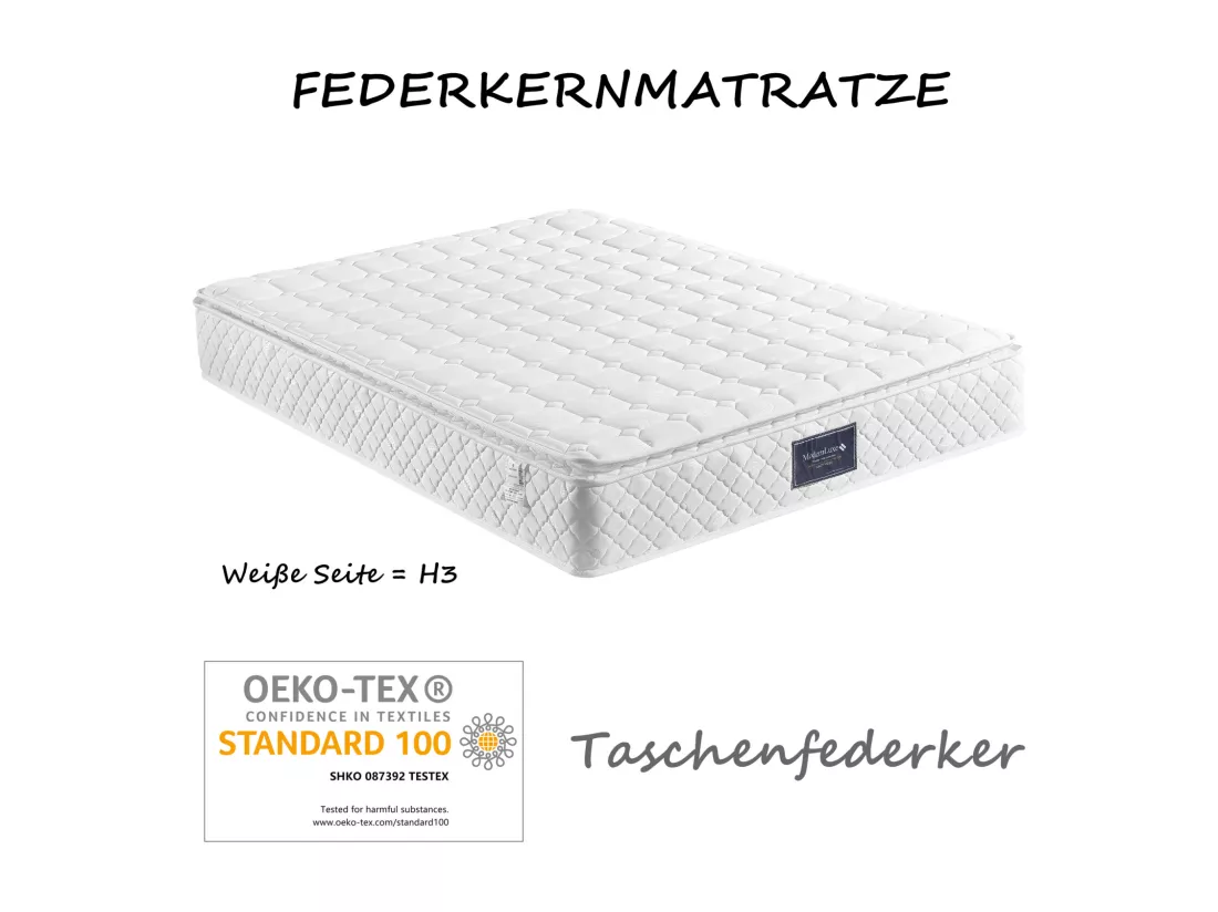 Matelas à ressorts 140x200 cm, matelas mousse froide 7 zones, ressorts ensachés, 100% certifié Oeko-Tex, matelas matelassé en microfibre, fermeté H3, hauteur 25 cm