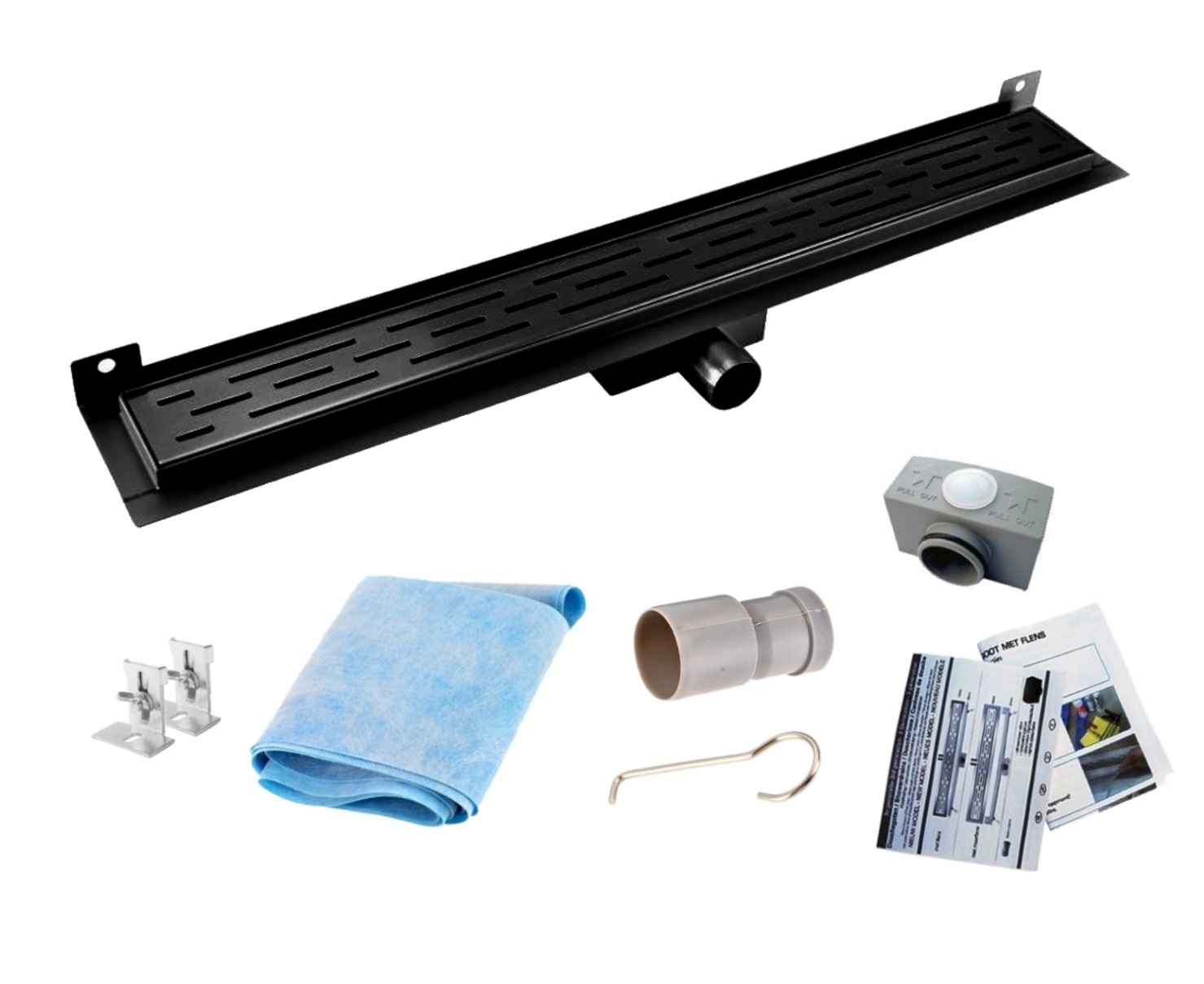 Saniclear Nero douchegoot 100cm met muurflens zwart mat