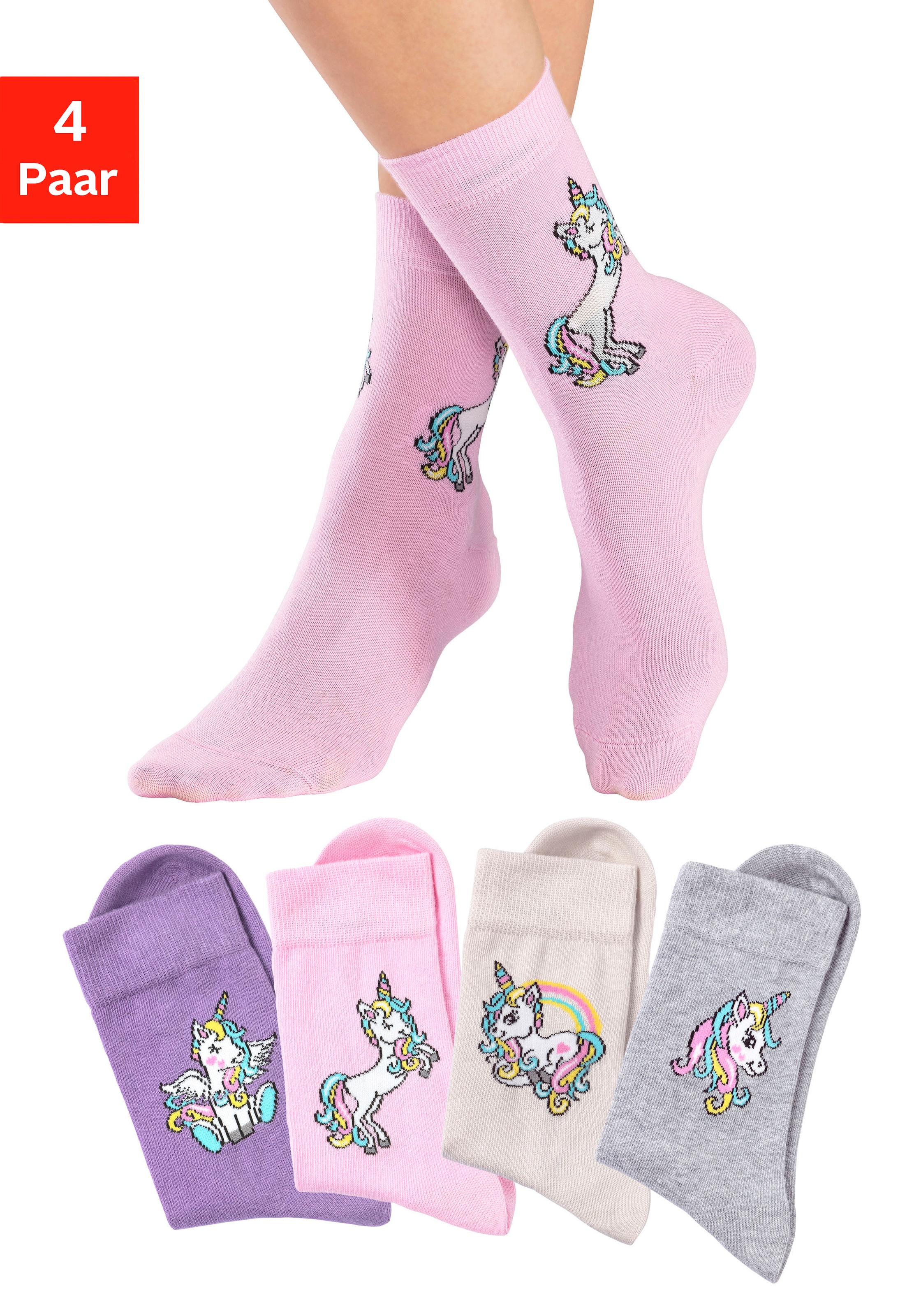 H.I.S Basicsocken Packung, 4 Paar tlg. mit Einhorn Motiven