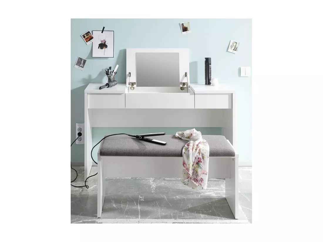 WATCHME - Coiffeuse Blanche 2 Tiroirs avec Miroir + Banc