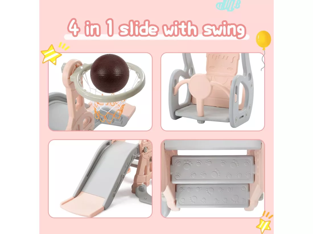 Portique enfant toboggan, echelle et balançoire avec panier de basket-ball - aire de jeux 4 en 1 - usage intérieur extérieur - Rose