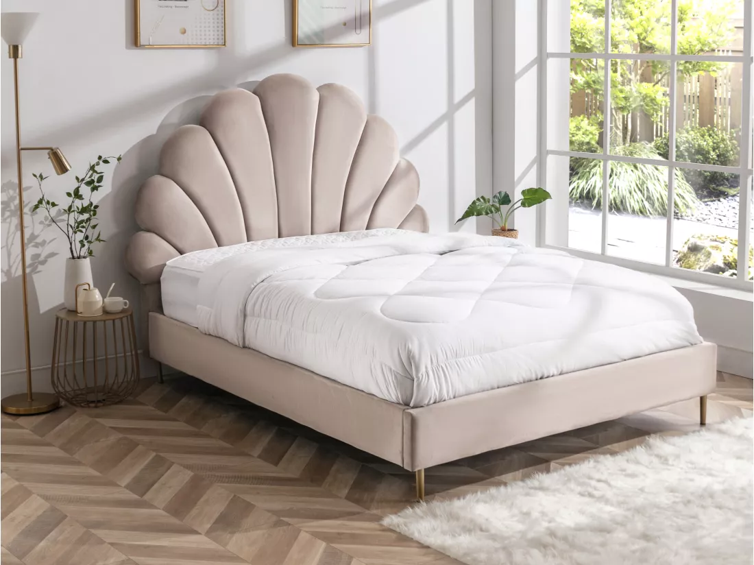 Lit coquillage 140 x 190 cm - Velours - Beige - LIVAYA