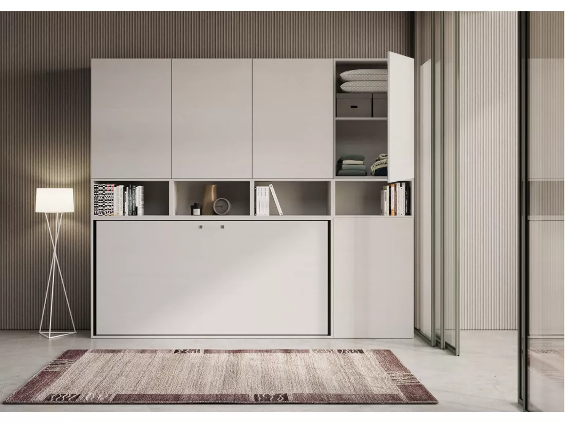 Lit escamotable horizontal blanc Bounto 85x185 avec rangement et bibliothèque composition C-