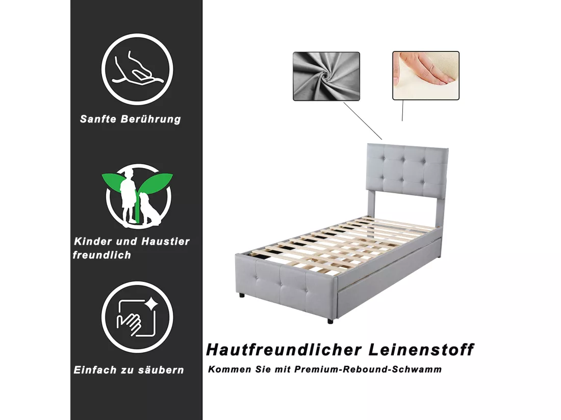 Lit gigogne 90x200cm+90x190cm, Lit capitonné d'enfant, lit extensible en lin avec sommier à lattes, tête de lit réglable, gris