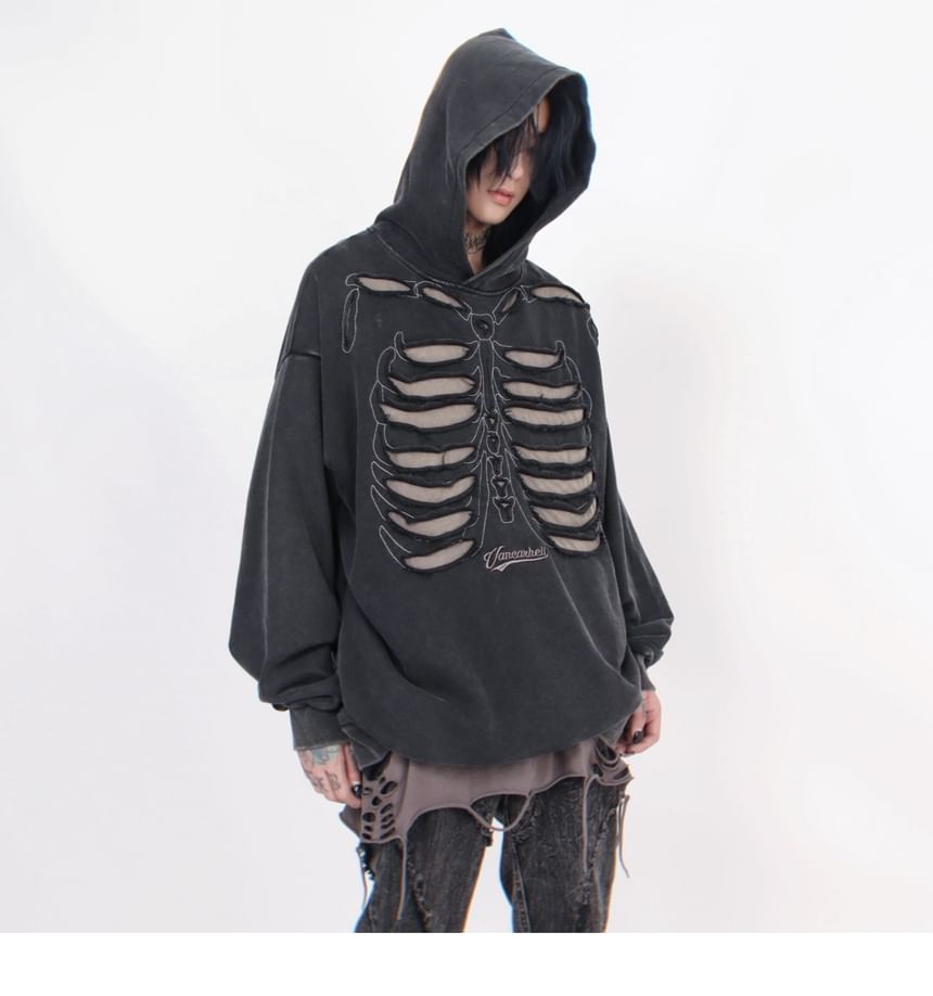 Derbundy - Lange mouwen skeletprint hoodie met distressed wash