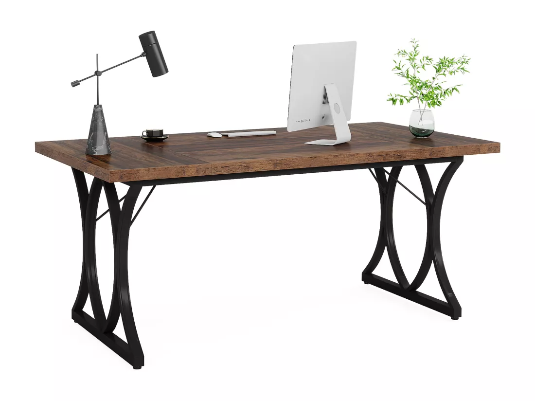 Tribesigns Bureau d'ordinateur Moderne - 159 x 79 x 78 cm - avec Cadre en métal - pour Bureau à Domicile, Bureau à Domicile, Table de conférence - Noir et Marron