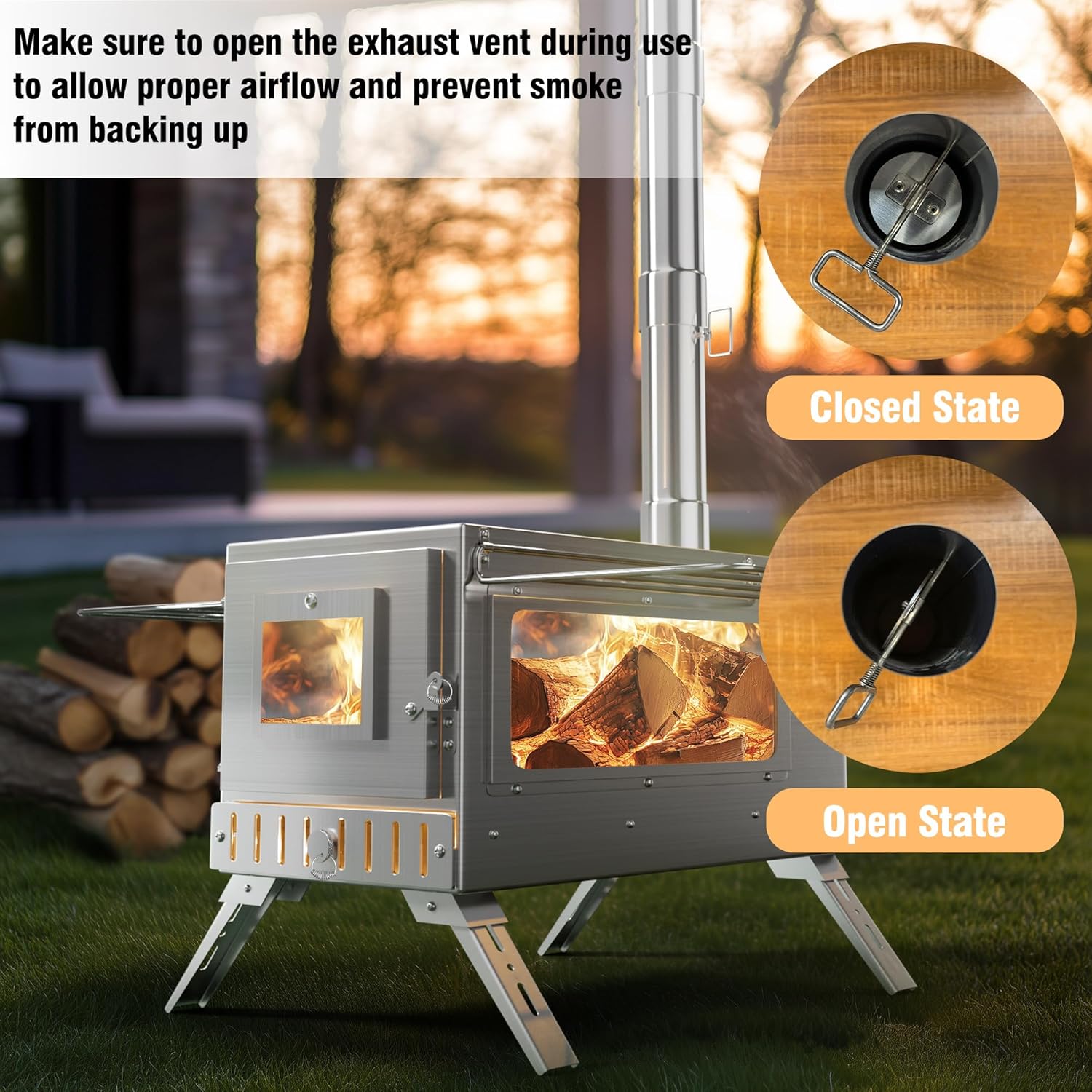 unho Zeltofen Gartenofen Tragbarer Holzofen, Campingherde Edelstahl Holzkocher mit 7 Rohren, Ideal für Camping im Zelt, Outdoor-Kochen und Gartenaktivitäten, 31 x 40 x 211 cm