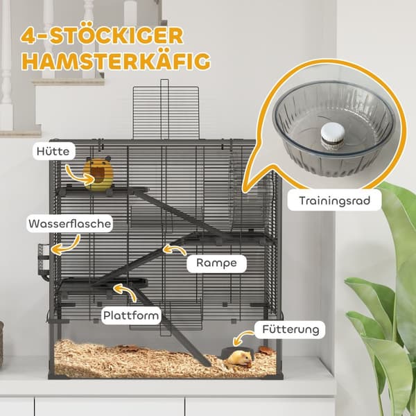Hamsterbur for dverghamstere, 4-lags gnagerbur med glassbunn, hytte, balansehjul, ramper, matskål, smådyrsbur dverghamsterbur 78,5 x 48,5 x 80 cm svar