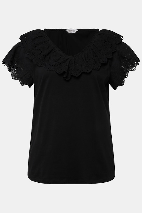 T-Shirt, Spitzen-Volant, doppelter V-Ausschnitt. Halbarm.