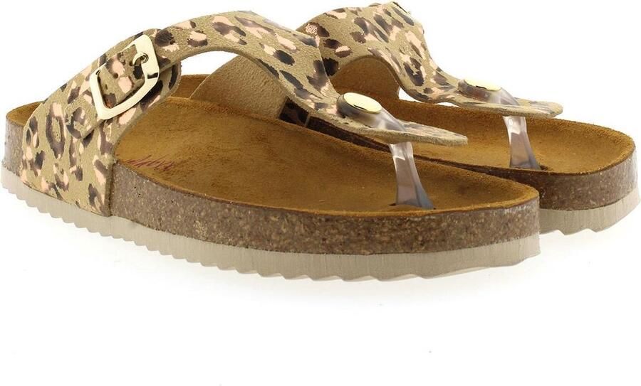 Develab 48202 leren teenslippers met panterprint beige goud