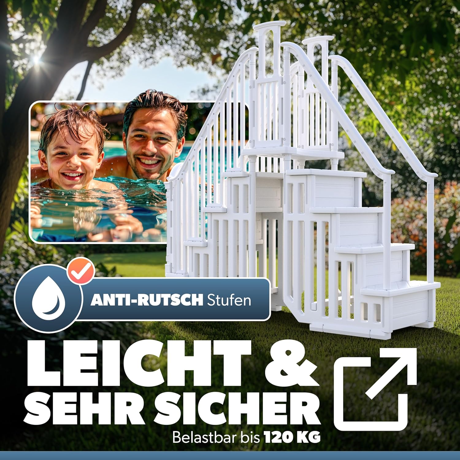 Poolomio Poolleiter beidseitig für Aufstellbecken bis 137 cm Höhe | Doppelte Pooltreppe Easy-Entry aus HDPE-Polyethylen | Leiter mit rutschfesten Sprossen, Geländer und verschliessbarer Tür
